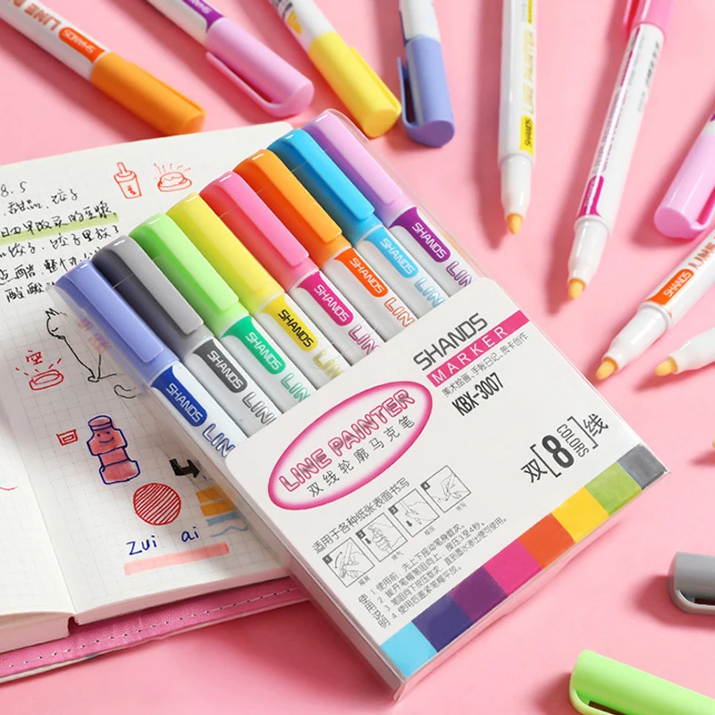 

8 pc/set double line sketch pen glitter fluorescent color metal marker pen fluorescent marker