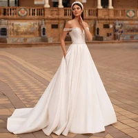 charming off the shoulder satin wedding dress with pearls high quality vestido de novia sweep train a line bridal gown