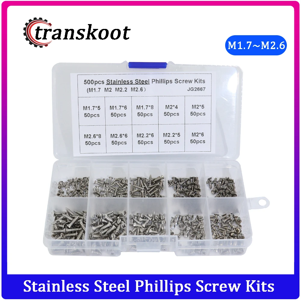 

500pcs/set 304 Stainless Steel Phillips Flat Head Screw Kits screws Assortment Kit Woodworking Tool Fastener Hardware.