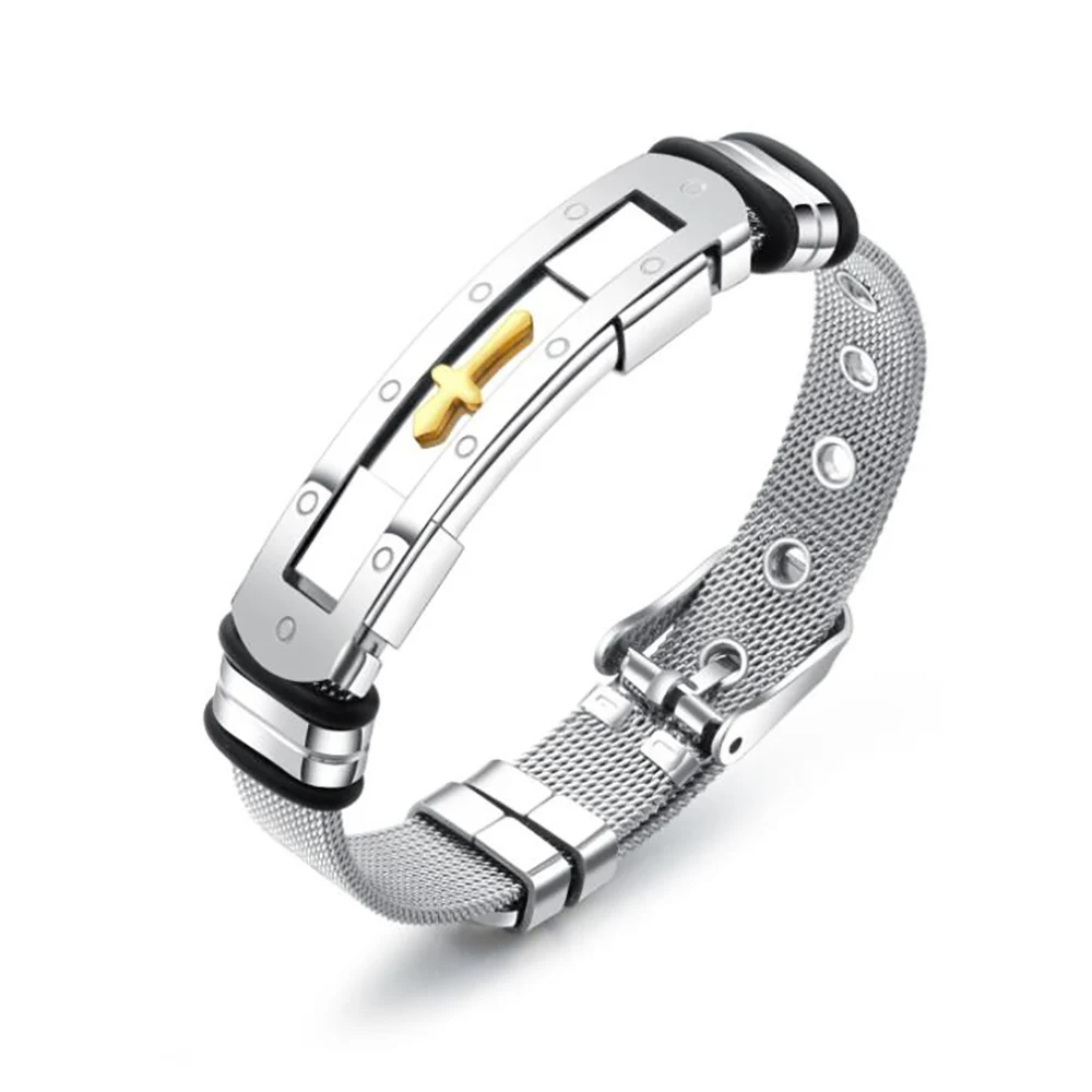 

Минималистский сетчатый ремень из нержавеющей стали, мужской Религиозный браслет с крестом Христа, ювелирные изделия, подарок для Него