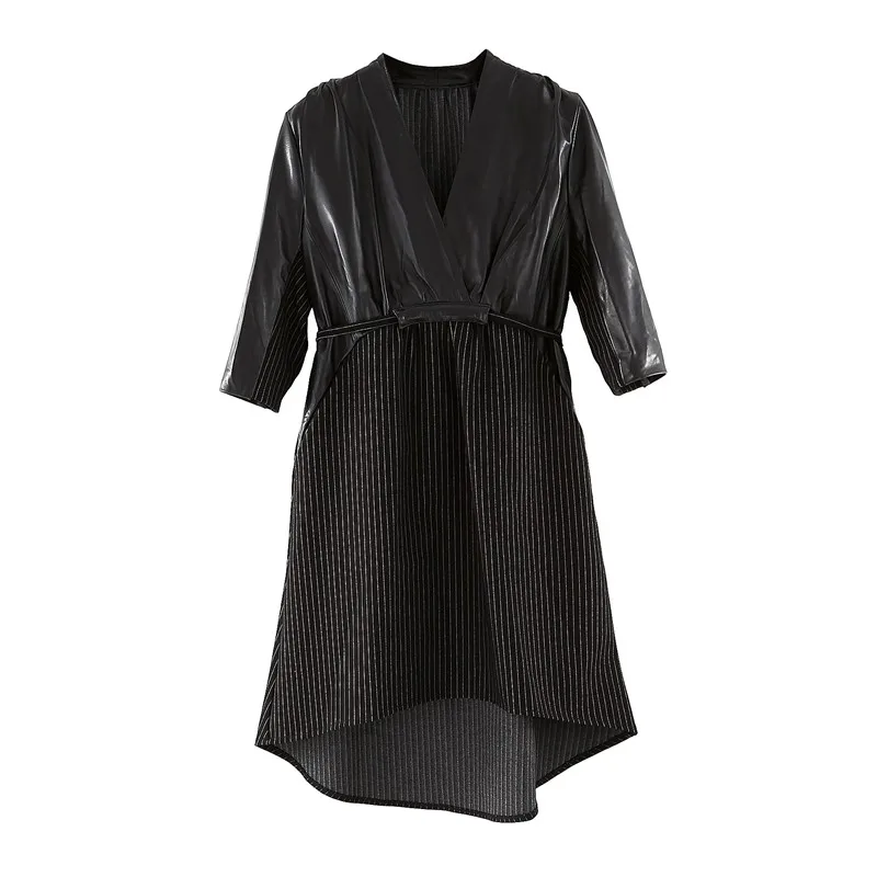 

Autumn Women Genuine Leather Spliced Dress Striped V-Neck Sheepskin Seven Quarter Sleeve Slim Fit Pullover Mid-Length Dress