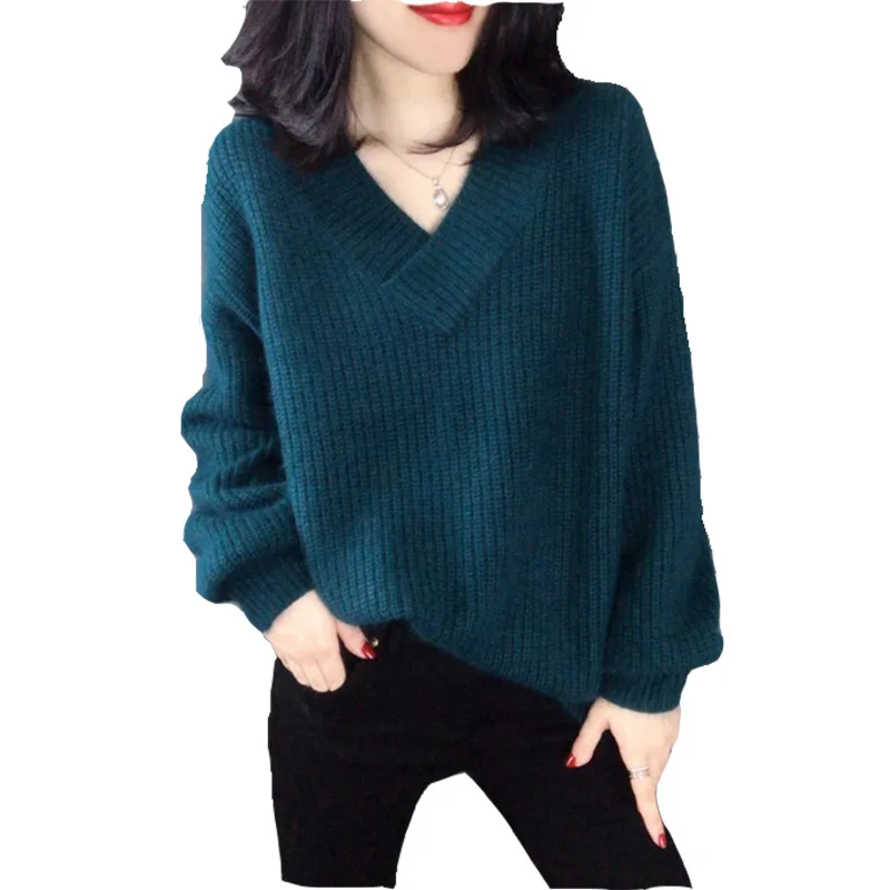 

2020 Autumn Winter Women Sweater Fashion Basic Tops V Neck Female Casual Soild Color Pullovers Lantern Sleeve Kintted Loose
