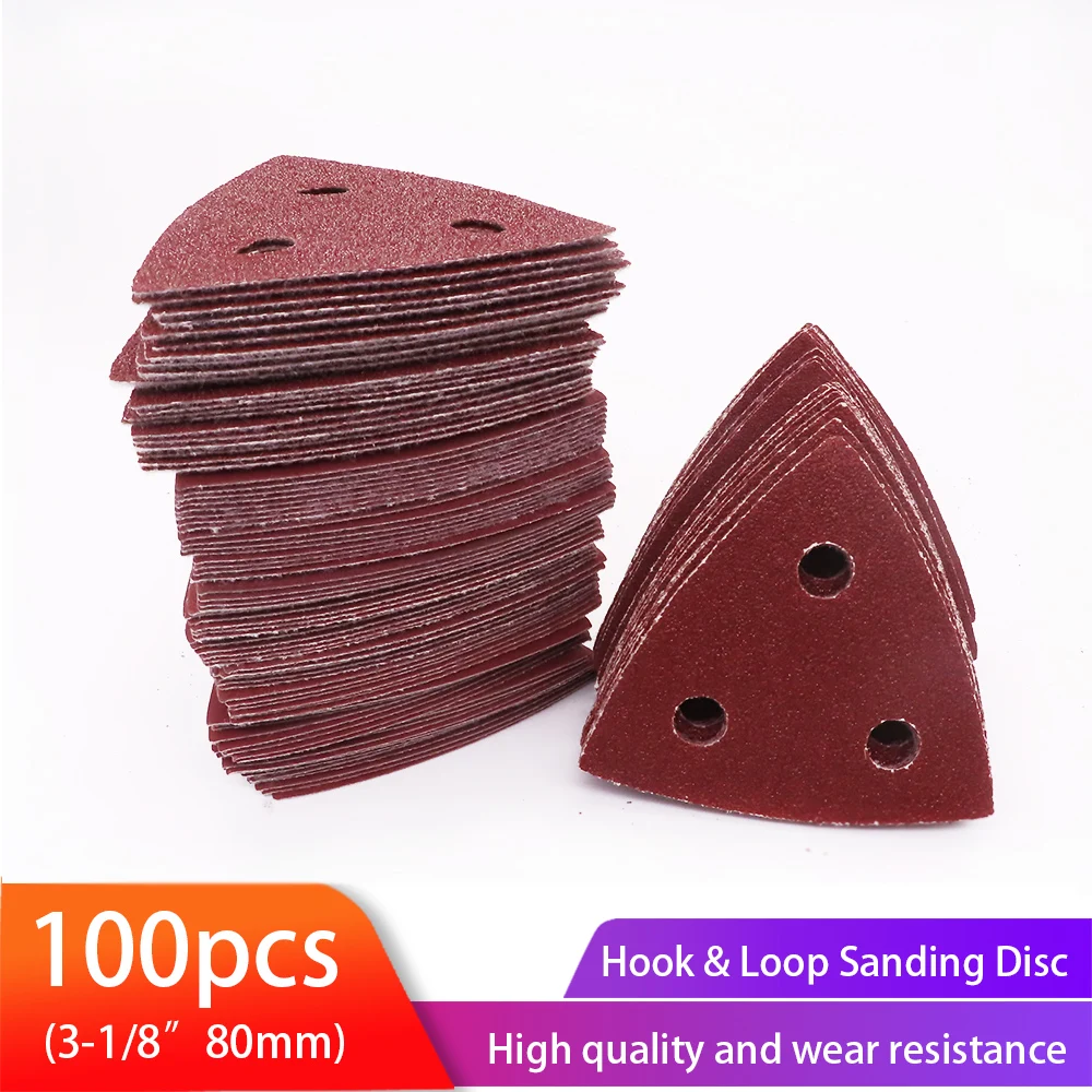 100pcs Triangular Sandpaper 3 Holes Hook&Loop Triangle Sanding Discs Fit 3-1/8