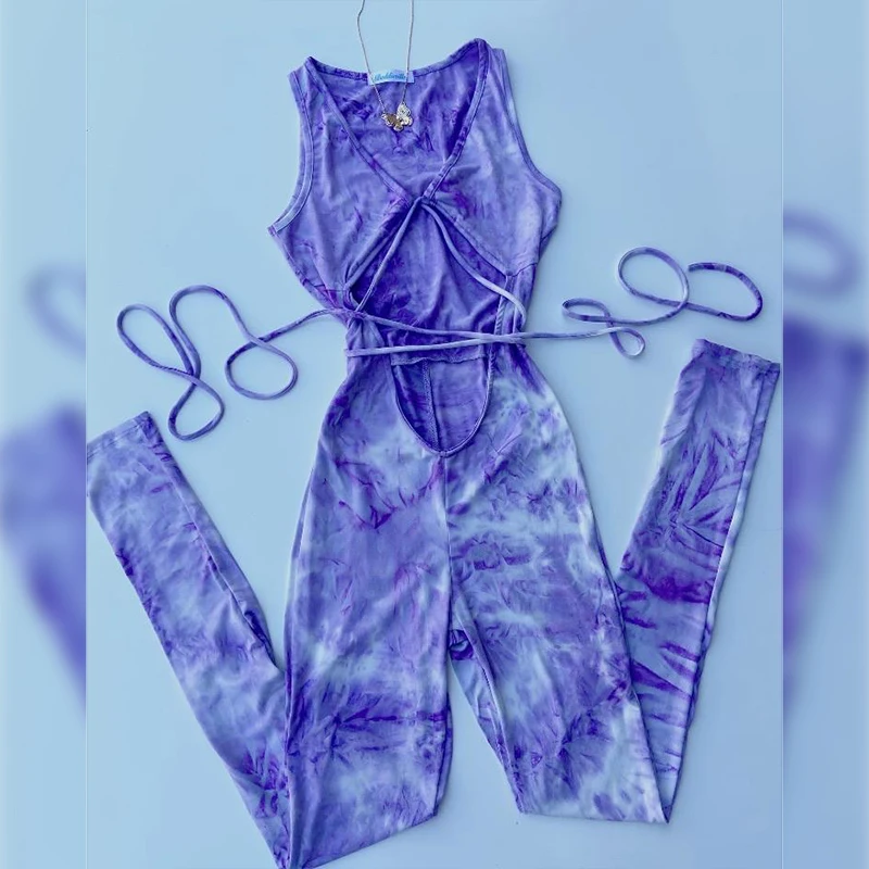 

Jumpsuit Women Sexy Bandage Tie Dye Hollow Out Rompers Monos Mujer Verano Jump Suit Sleeveless Bodycon Party Bodysuit Jumpsuits