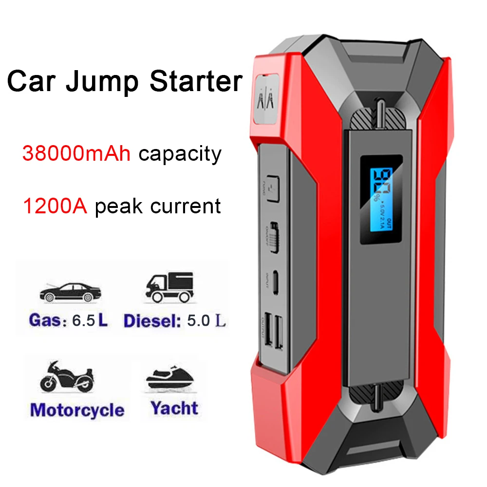 

Car Jump Starter Emergency Power Supply 38000mAh 1200A Battery Charger Bank Flashlight For 6.5L/5.0L Device Portable Booster