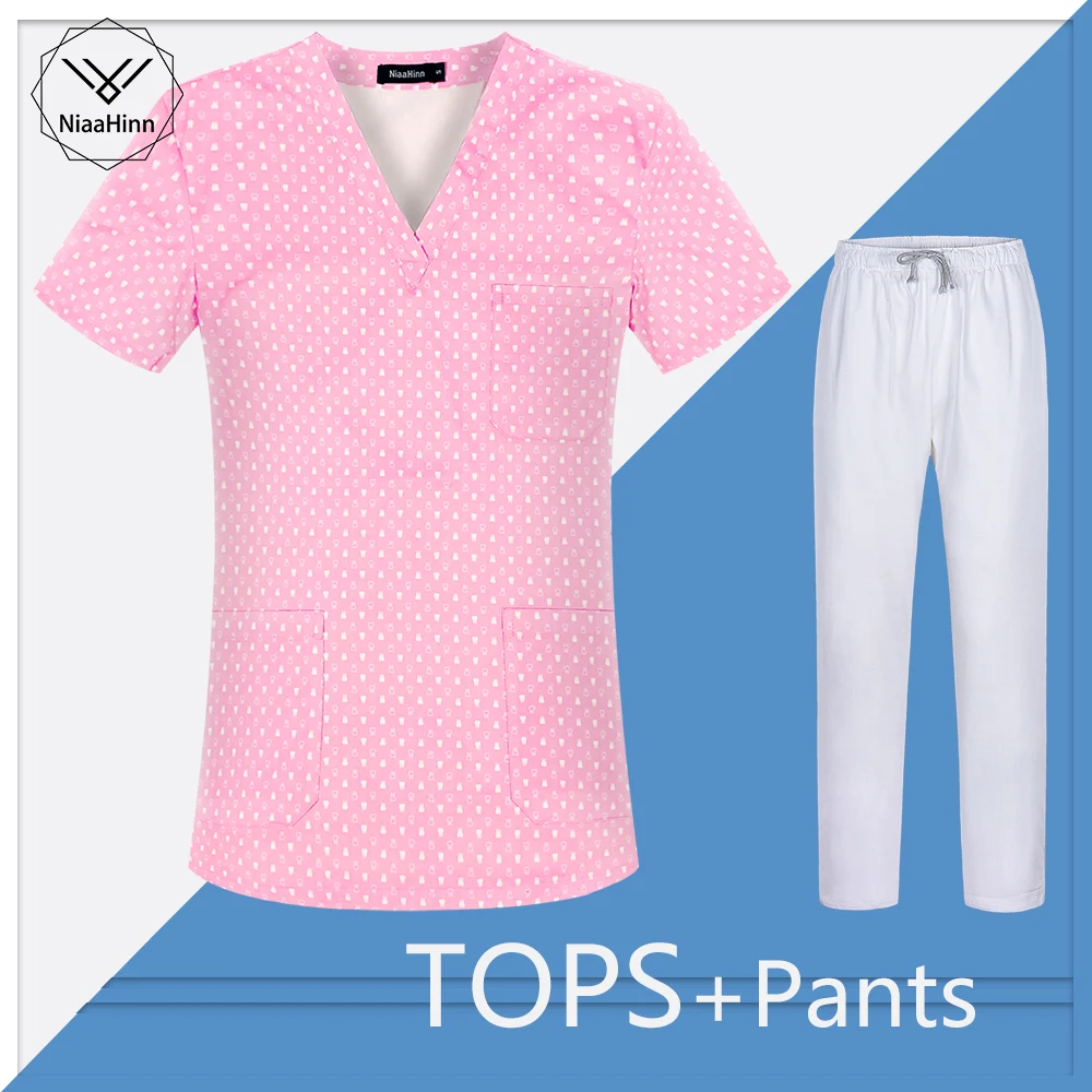 

Women's Pink Printed Short Sleeve V-neck Carer Top Nurse Uniforms Woman Tops Beauty Salon Working Scrubs Cartoon Cute Workwear