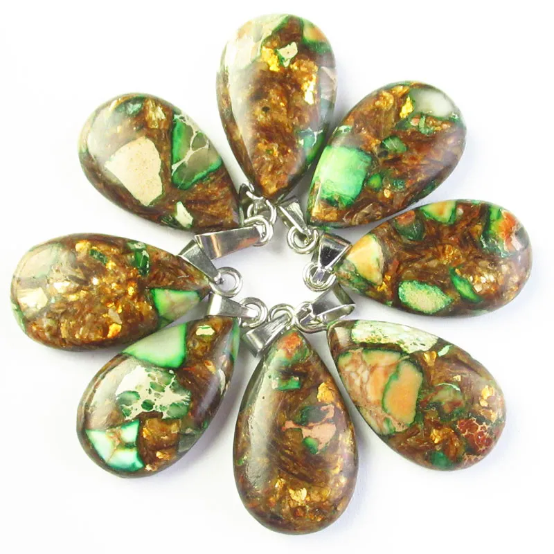 

15g 5Pcs Green Sea Sediment Jaspers Gold Copper Bornite Teardrop Pendant 236SK Free Shipping Fashion Jewelry