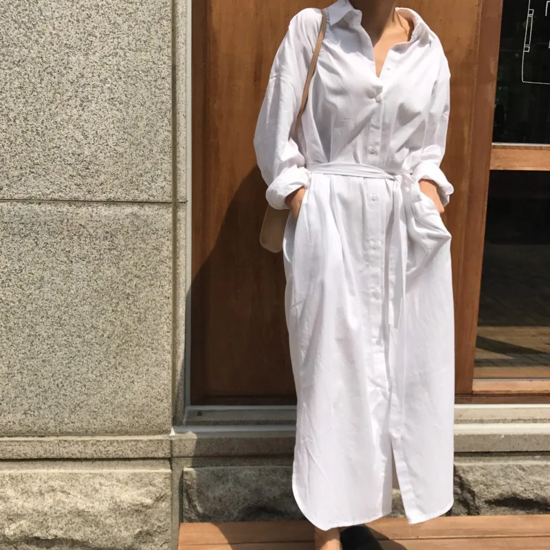 

2021 Korea Fashion Thin Loose Look Thin Dress Women Minimalism Long-sleeve Bottoming Casual All-match Student Cardigan Dresses