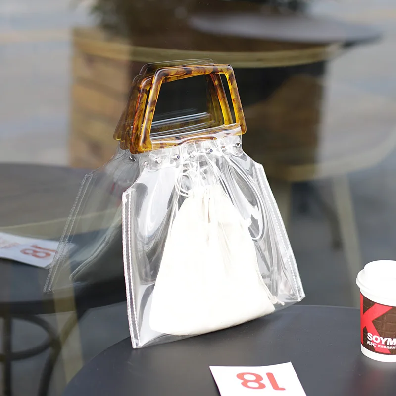 

2021 Korean Style Fashion Jelly Beach Bag Ins Same Style Acrylic Handle Women's Bag Simple Retro Transparent Handbag for Women