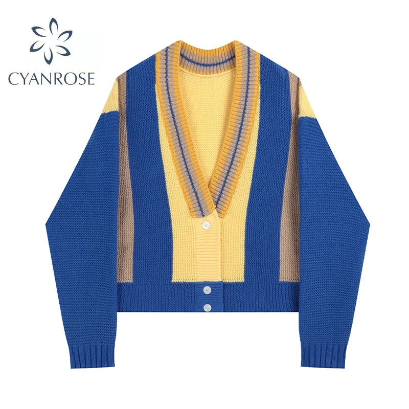 Женский трикотажный кардиган в стиле пэчворк повседневный Свободный вязаный