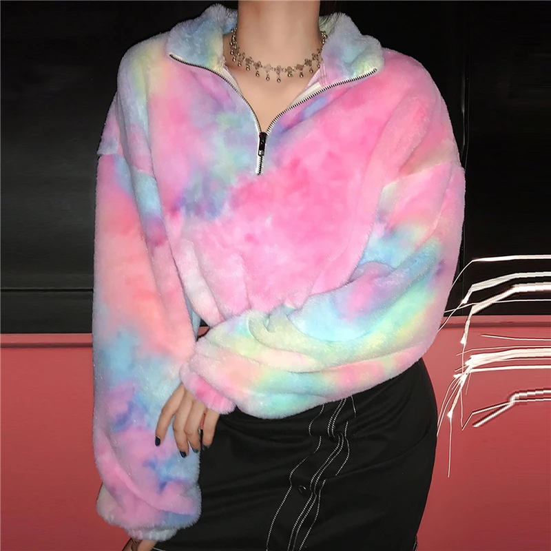 

Winter Tie Dye Pink Faux Fur Coat Women Casual Loose Furry Teddy Bear Jacket Shaggy Thick Warm Soft Overcoat Autumn