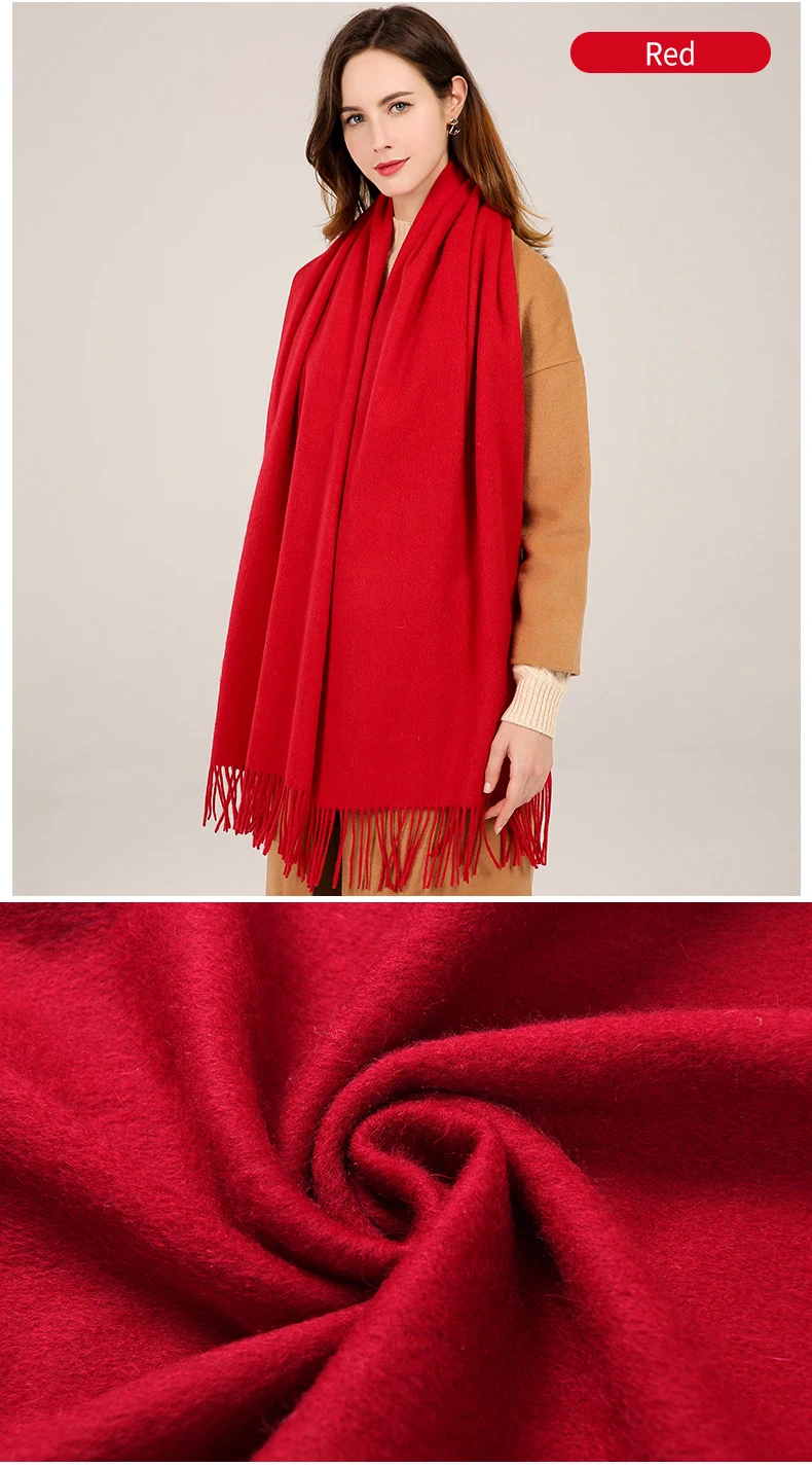 Женский красный шарф из натуральной шерсти, зимний шарф Echarpe, утолщенные палантины из пашмины, тёплый платок с кисточками, однотонный шарф пончо из чистой шерсти