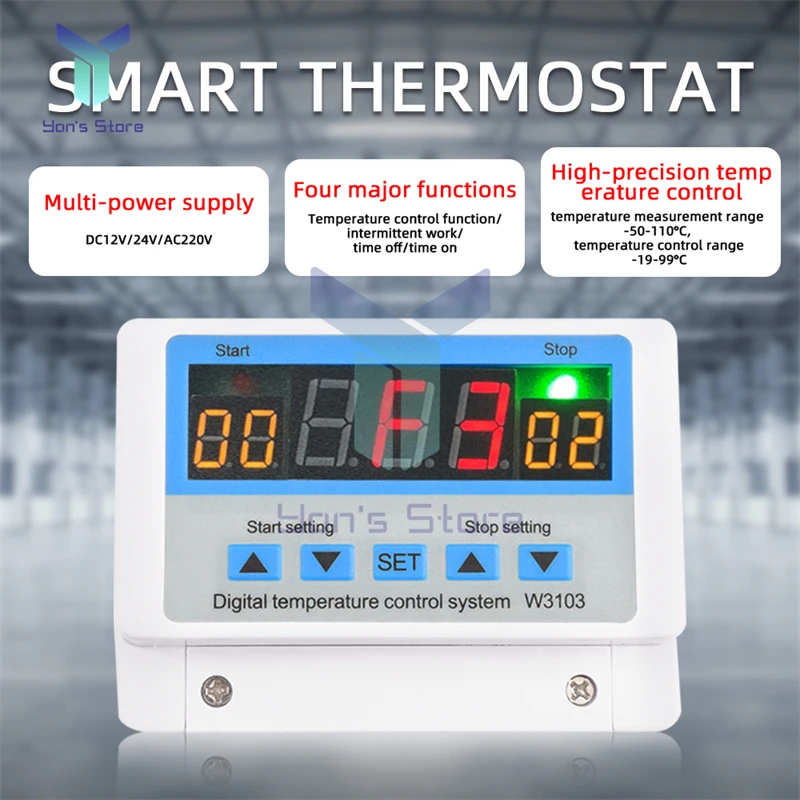 

W3103 Digital Display Character High-power Wall-mounted Temperature Controller Thermostat 30A Contact 12V 300W 24V 600W 220V