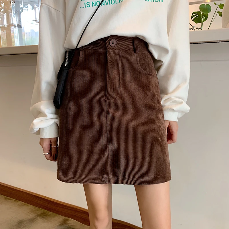 Кофейные короткие облегающие Женские юбки на пуговицах тонкая Корейская Высокая