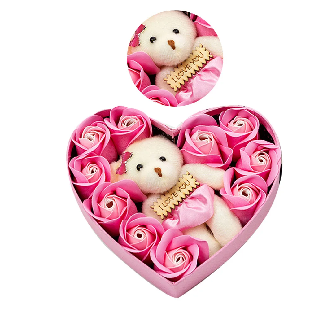

Rose Bear Love Heart Shaped Gift Box Bath Soap Flower 10 Scented Case Pink Home Ornament Holiday Birthday Gift Box Decoration
