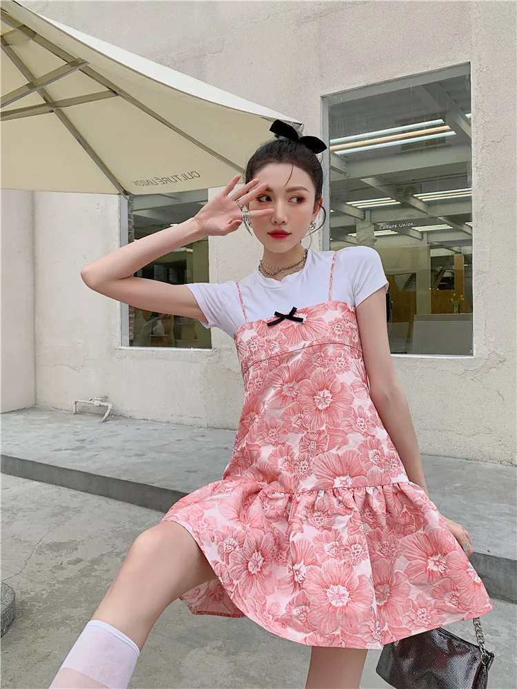 

LANMREM Women Printed Flower Sling Dress Bow Sleeveless Dresses Slim Short Length Fashion Tide Summer 2021 New Arrivals 2H126