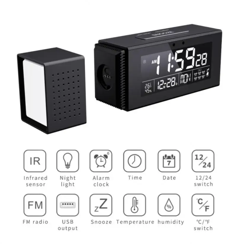 

Bedside IR Sensor Digital Mirror Led Music Alarm Clock With Snooze Temperature Thermometer Acoustic Voice Control With FM Radio