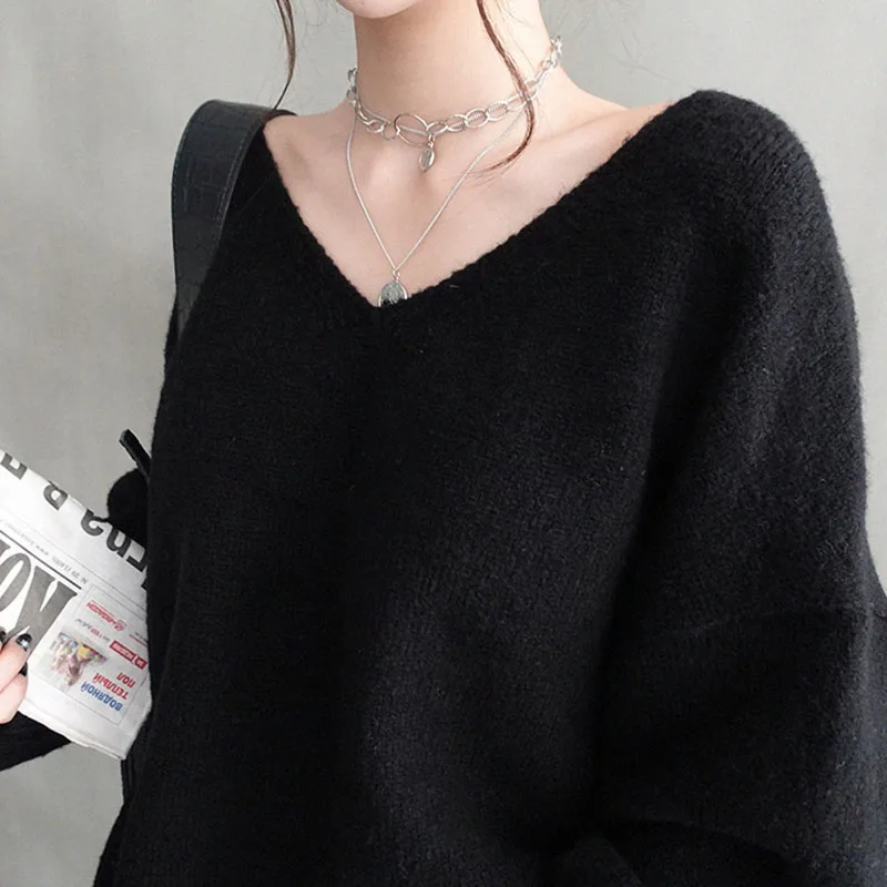 

New 2021 Autumn Winter Women's Sweaters V-Neck Long Sleeve Tops Minimalist Korean Style Knitting Pink Black White Sweater