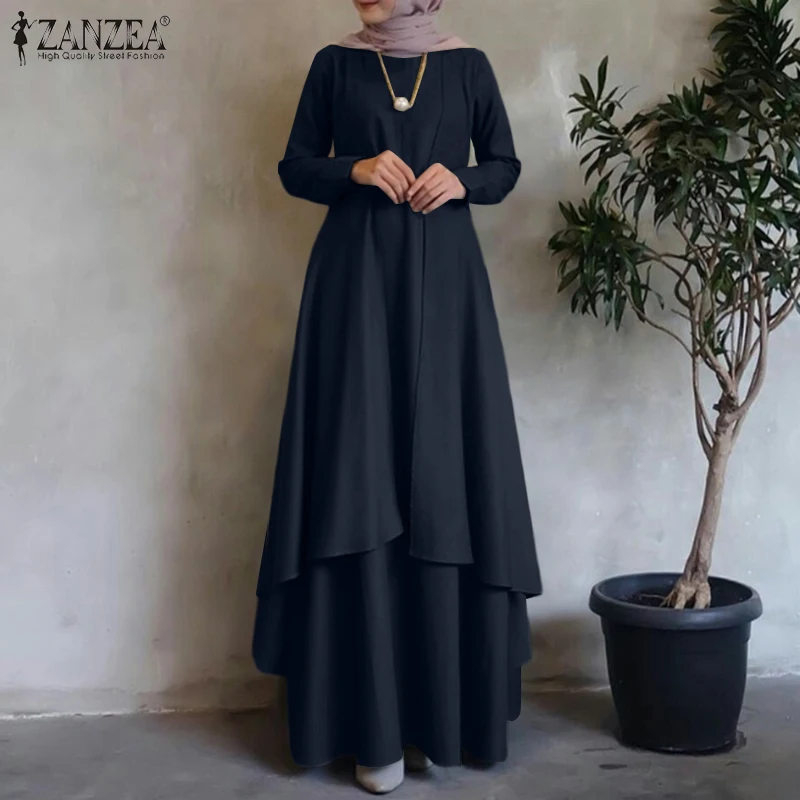 ZANZEA Women Long Sleeve Muslim Kaftan Maxi Dresses Irregular Hem Loose Long Dress Dubai Turkey Abaya Hijab Sundress Oversized