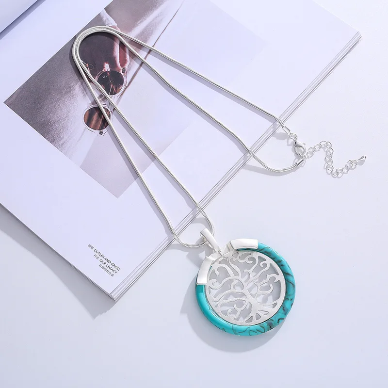 

ELOYHI Big Round Tree Of Life Long Snake Chain Pendants Sweater Chain Plate For Women Trendy Neckalce&Pendants Gift