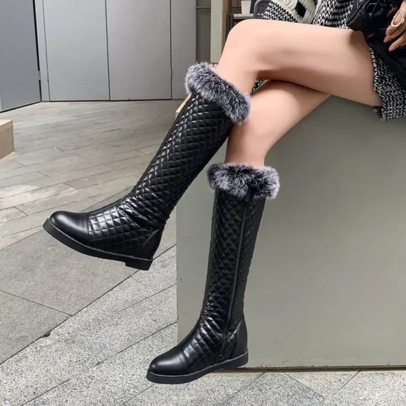 

Fanyuan Keep Warm Boots Women Flats Knee High Boots Pu Leather Winter Warm Daily Snow Boots Round Toe Zipper Shoes Footwear