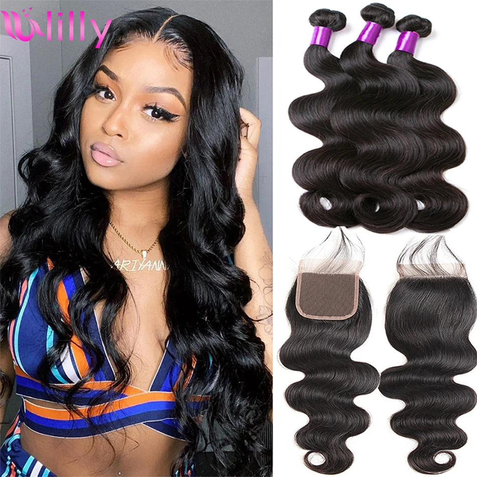 

Body Wave Bundles With Closure Peruvian Hair Weave Bundles Human Hair Bundles With 4x4 Closure 3/4 Piece Remy Hair For Women