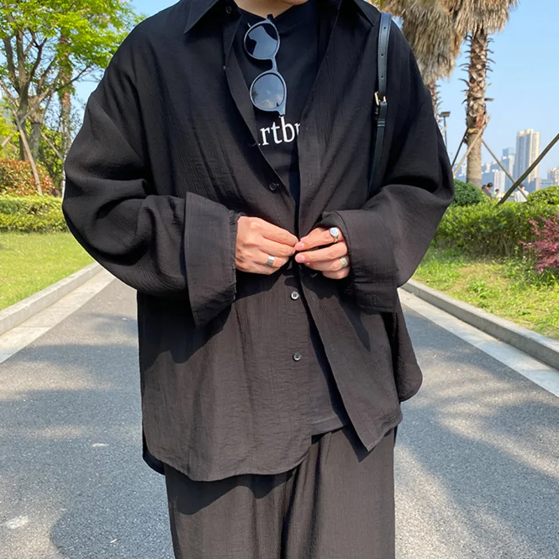 

IEFB 2021 Summer New Pletaead Fabric Casual Solid Black Shirt For Men Korean Loose Big Size Long Sleeve Tops Lapel Cloth 9Y1238