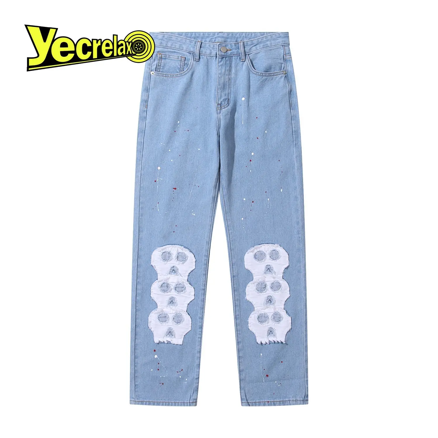 

YECRELAX Hip Hop Streetwear Skull Print Straight-leg Pants Men Baggy Jeans Denim Trousers Vintage Loose Casual Wide-leg Pants
