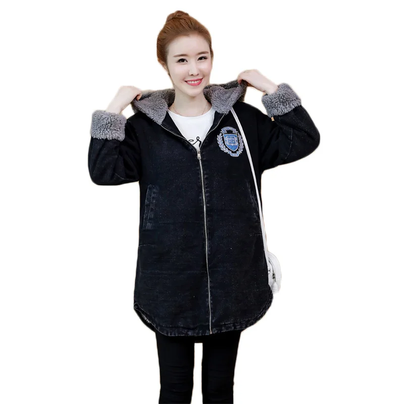 

Winter Jacket Women 2022 Spring New Fashion Loose Hooded Denim Coats Female Lamb Wool Thick Outwear Zipper Long Sleeve Irregular