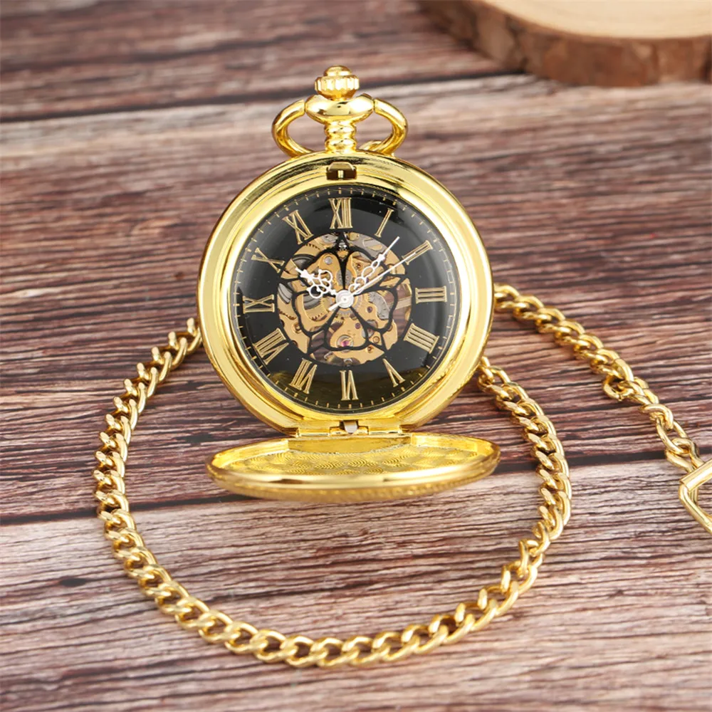 Gold Roman Numerals Black Dial Mechanical Hand Winding Pocket Watch Retro Shield Pattern Manual Mechanism Male Pocket Clock