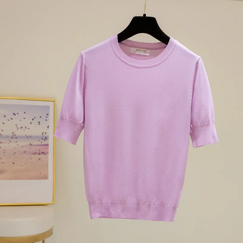 Solid Thin Knitted Short Sleeve Pullover Sweater T-Shirt Women 2021 Summer Causal Simple Top Elegant Office Ladies Slim Tee