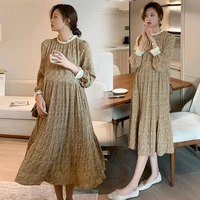 pregnancy dresses pleated flowers loose medium length maternity clothes long sleeve pregnancy clothes ruffle maternity gown
