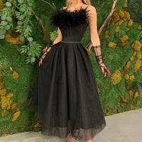 elegant a line black tulle evening dresses 2021 feathers sashes spaghetti straps prom gown sleeveless high quality ankle length