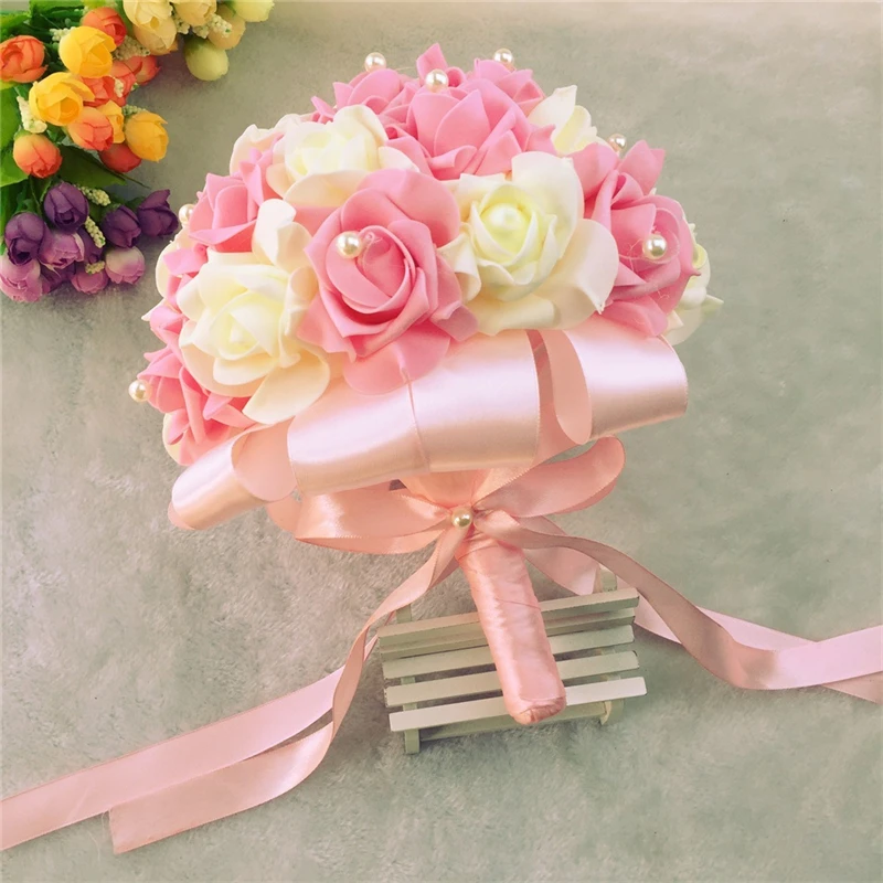 

Bubble flower Handmade Artificial Flower Wedding Bouquet Bride Bridesmaid Ribbon Rhinestone Pearl Pink Rose Wedding Decoration