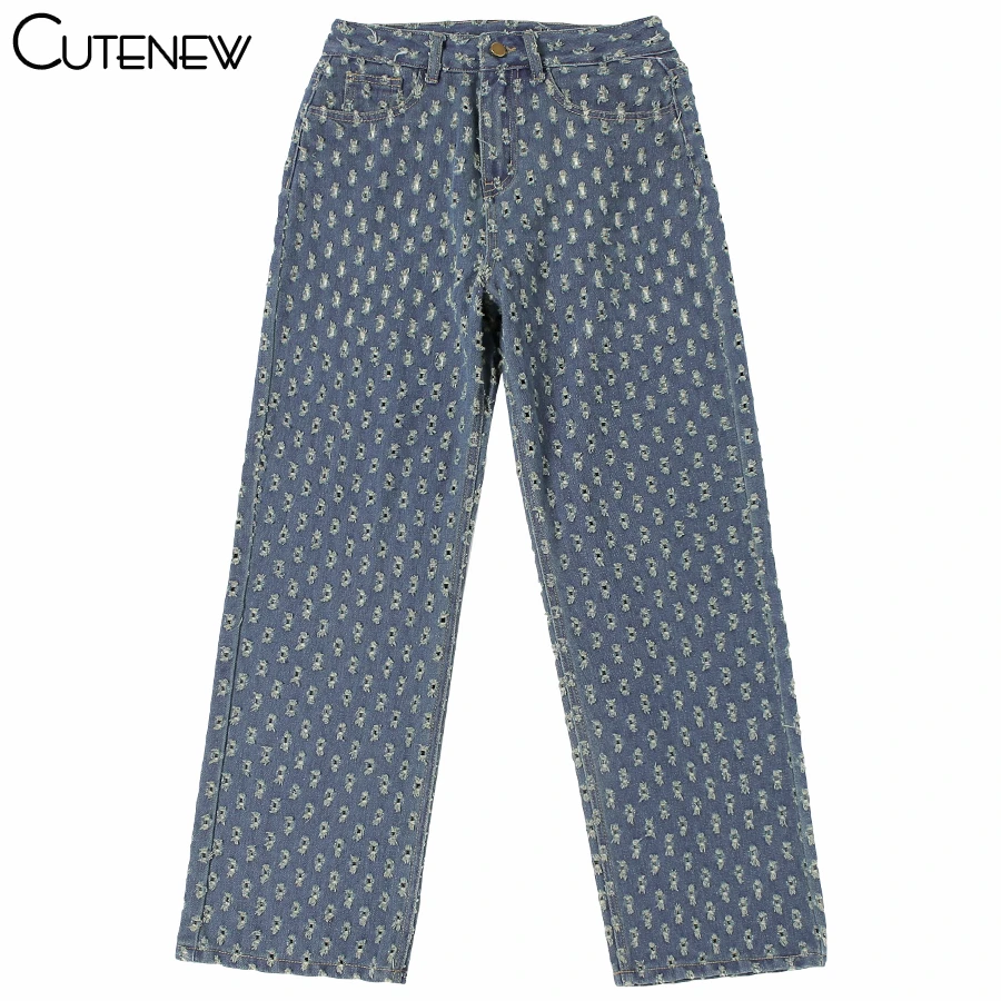 

Cutenew Y2K Gradient Plaid Hollow Out Hip Hop Women Jeans Spring Fashion Street Style High Waist Pocket Lady Straight Leg Pants