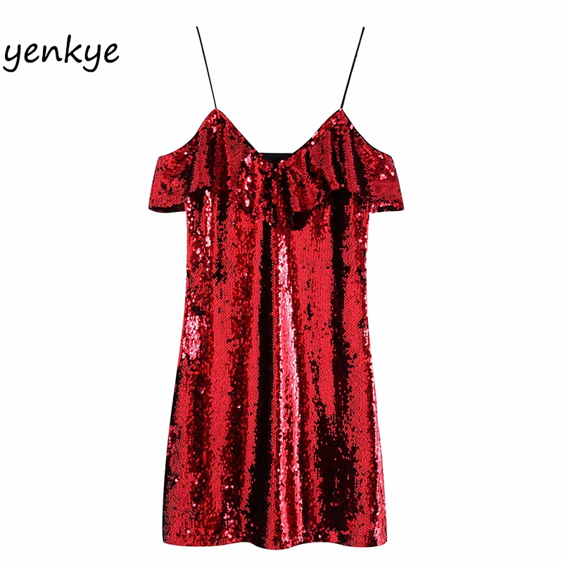 Романтичное женское сексуальное мини платье на бретельках с рюшами и пайетками