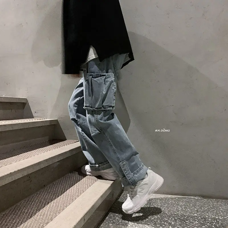 

2020 Autumn Men's Big Straight Pants In Casual Loose Fashion Large Pocket Can Be Free To Tie Mouth Tooling Pants Size M-XXL