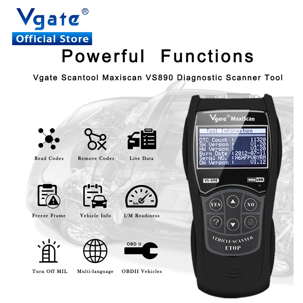 Vgate MaxiScan VS890 Code Reader Universal Car Diagnostics Auto Scan tools OBD2 Vgate VS 890 DTC Scanner PK ELM327 Free Shipping