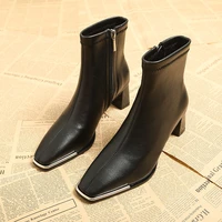 2021winter new ins fashionable short boots womens all match square toe martin fleece root high heel design metal decoration
