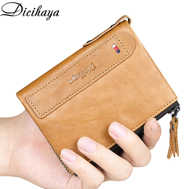 

DICIHAYA Genuine Leather Men Short Wallet Coin Purse Small Vintage Wallet Double Zipper Men Soft Cowhide Purse Brand Male Wallet
