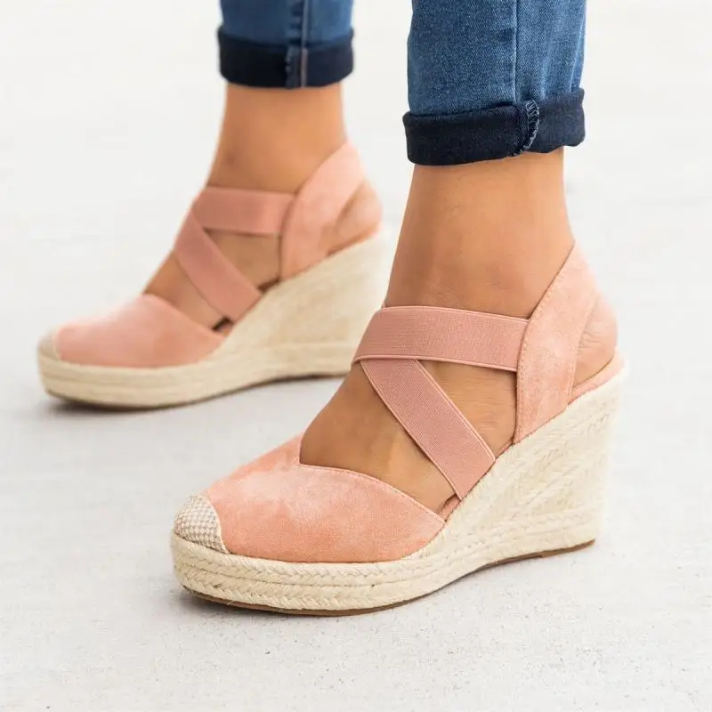 

2021 Fashion Wedges Women Summer Sandals Thick Bottom Cross Elastic Band High Heel Casual Plus Size Beach Party Ladies Sandals