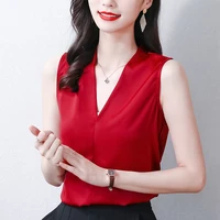 women blouses and shirts 2022 summer korean elegant sleeveless solid color chiffon shirt tops female tank clothing