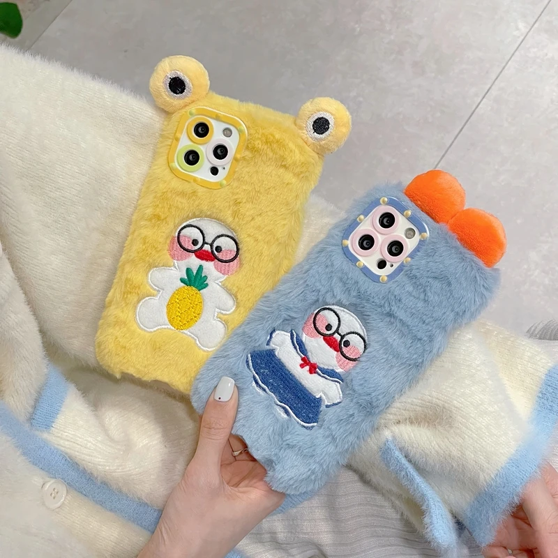 

Cute Cartoon Duck Warm Lamb Plush Fabric Phone Case For iPhone 13 12 11 Pro Max X Xs Max Xr 7 8 Plus Case Fuzzy Soft Back Cover