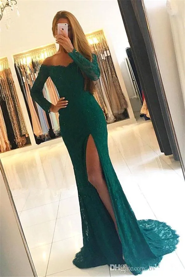 

Женское вечернее платье-русалка, зеленое кружевное длинное платье с V-образным вырезом, длинным рукавом и разрезом, платье для выпускного ве...