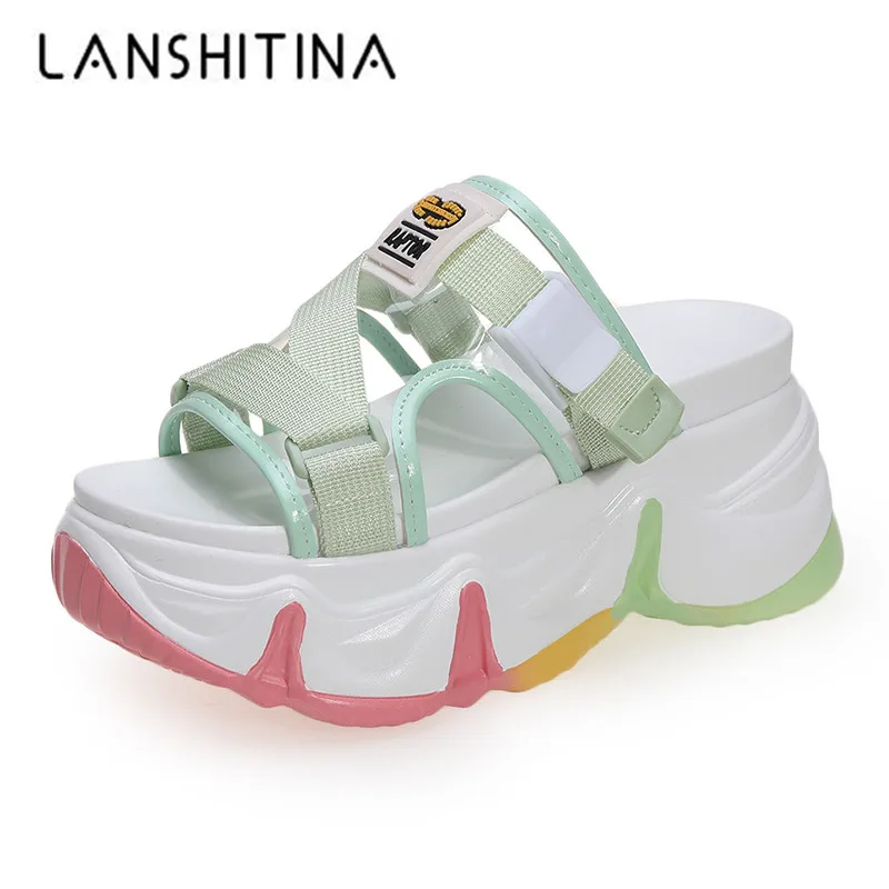 Женские шлепанцы на высокой платформе сандалии танкетке 8 см для улицы модные