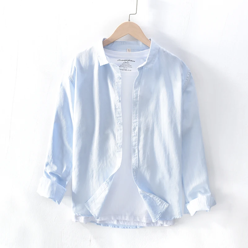 

breathable Linen Shirt Men's Japanese Mini fresh design spring and autumn leisure Long Sleeve White Cotton Linen Shirt