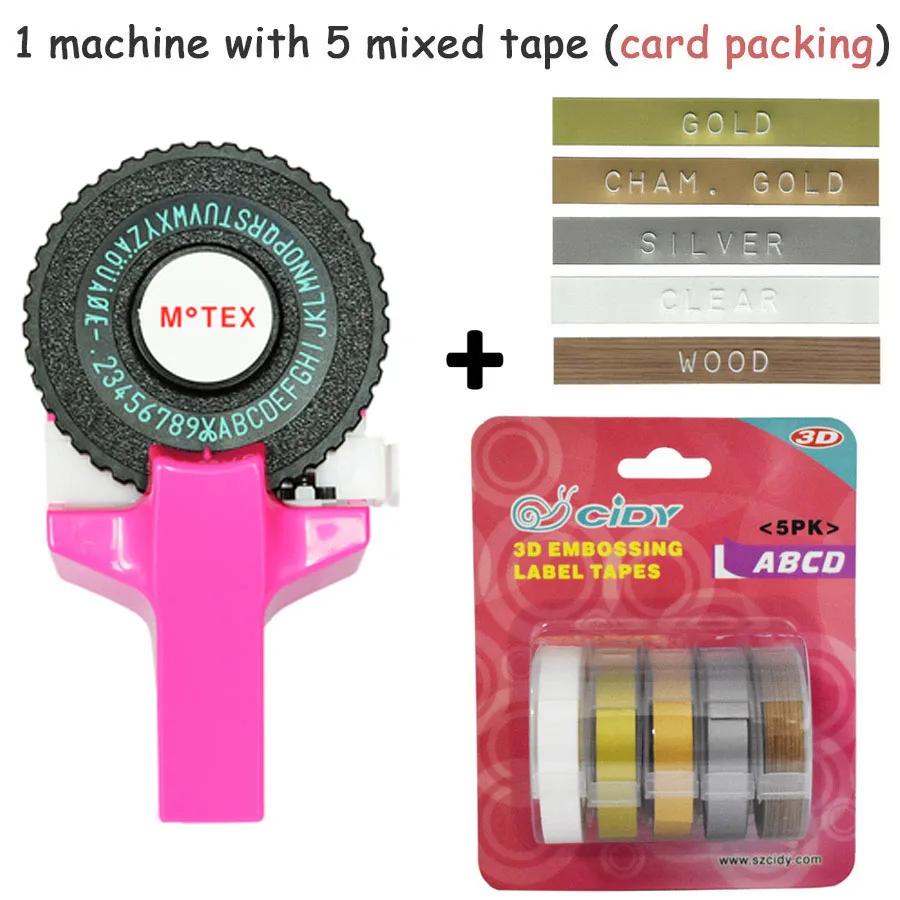 Розовый цвет MoTex E101 принтер мини DIY Ручная Совместимость для dymo 3D тиснение ручная лента ручная машинка надпись машина - Цвет: machine add 5 mixed