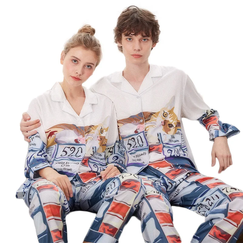 

Women's Pajamas Autumn Lover's Thin Ice Silk Cat Print Long Sleeve Shirt and Pants Sleepwear 2 Pieces Couple Luxury Nightwear
