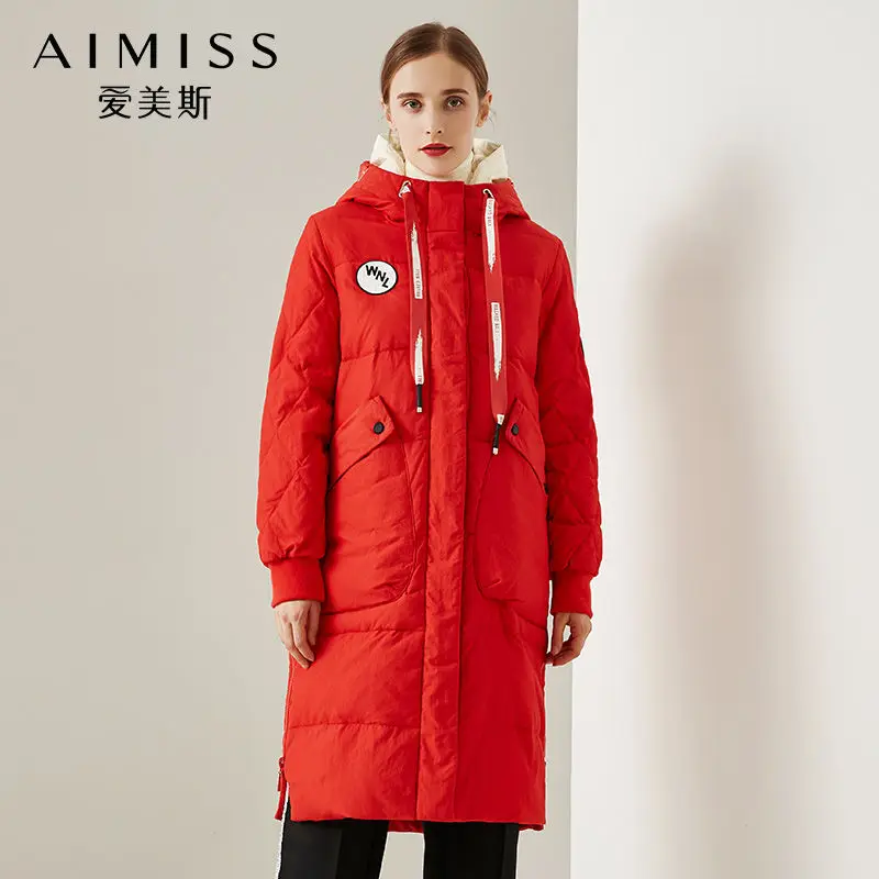 Красный AIMISS/Новинка, женский пуховик, очень плотная теплая куртка с капюшоном и карманом, длинный пуховик, повседневная одежда пальто, зимняя женская одежда - Цвет: Красный