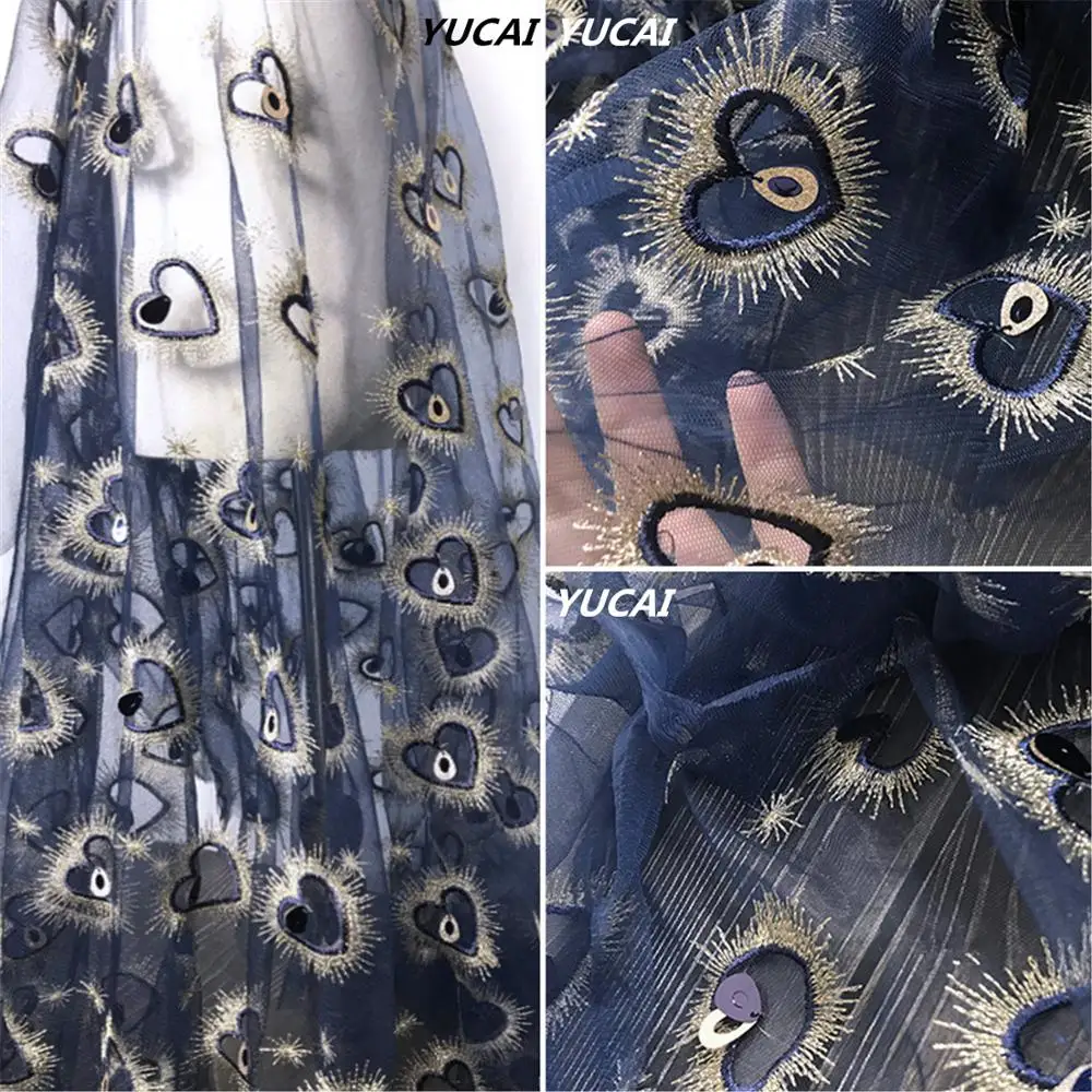 45x150 см Тюль Ткань Синяя золотая вышивка сердце с блестками сетка свадебное